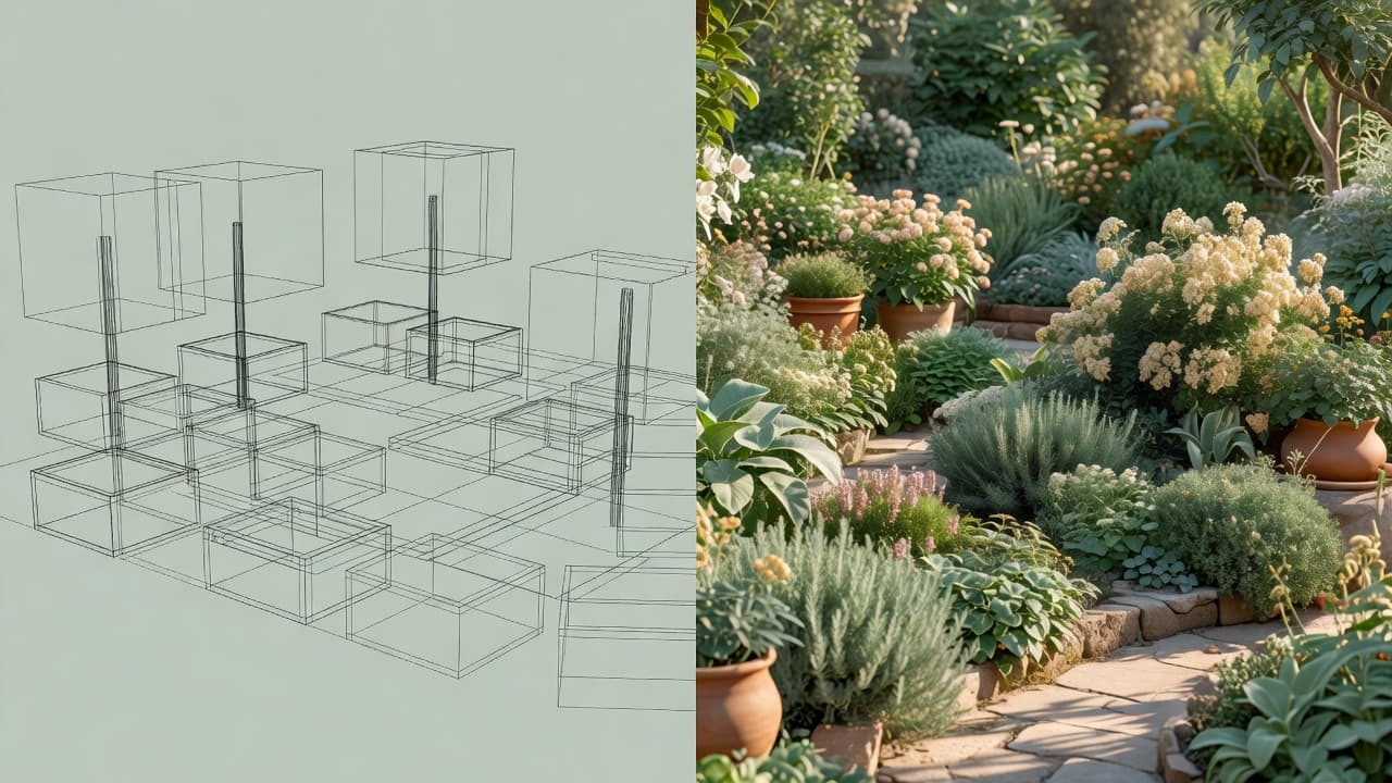 Split image showing a 3D garden model on one side and a photorealistic AI garden redesign on the other