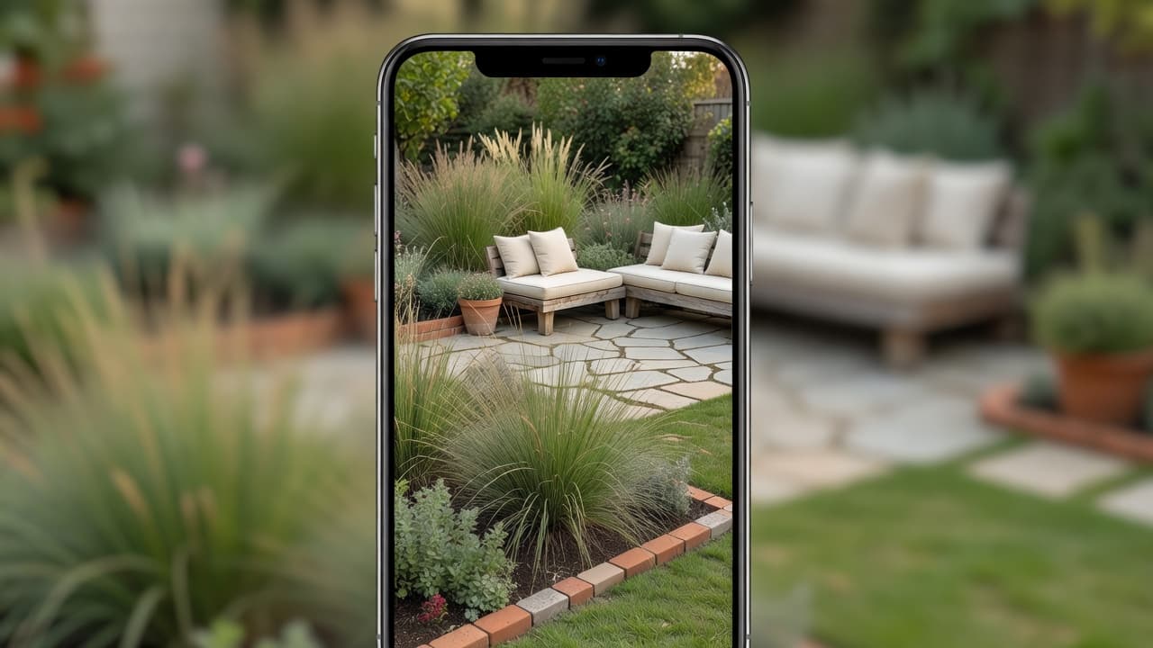 小さな郊外の庭を、層になった植栽と石の中庭でフォトリアルに再デザインしたAI庭デザインアプリのクローズアップ