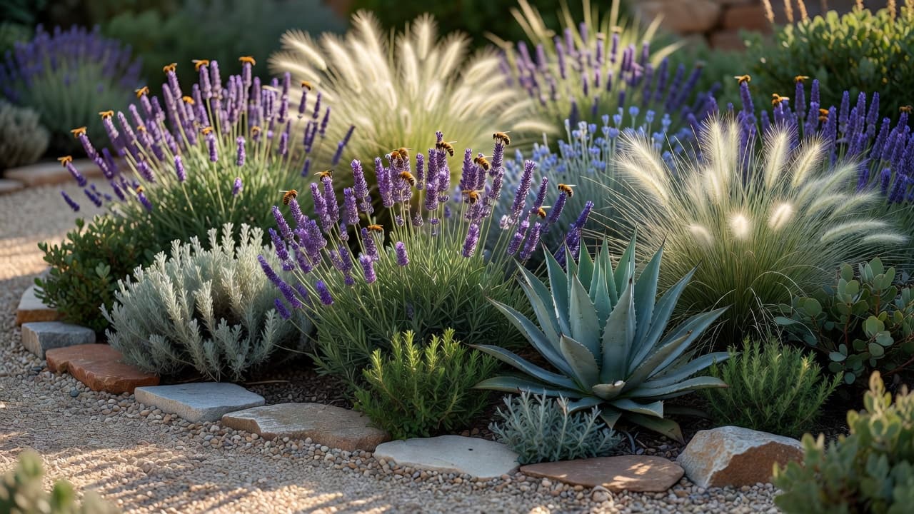 AI庭デザインアプリの植栽計画を実現:ラベンダー、オーナメンタルグラス、アガベの耐乾性の花壇が暖かな日光に照らされる