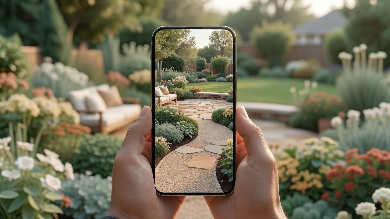 An AI backyard design app open on a phone in front of a real backyard, the screen showing a photorealistic redesign of that yard