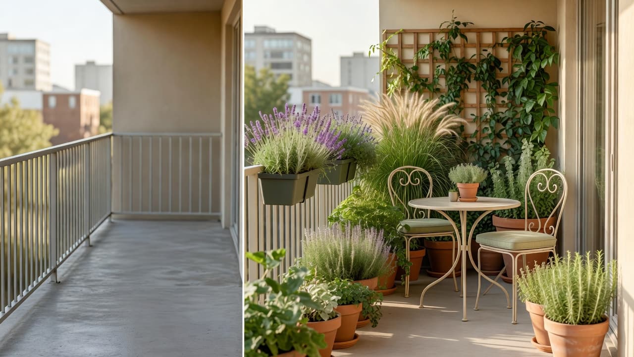Un balcon d’appartement vide à côté d’un réaménagement par application de design de balcon du même espace avec jardinières de balustrade, petit salon bistrot, brise-vue en treillis et plantations en pots étagées
