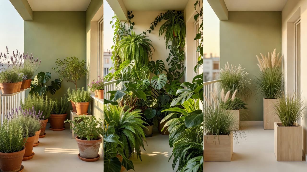 Le même balcon d’appartement en trois styles par une application de design de balcon : herbes méditerranéennes en terre cuite, jungle verte luxuriante et Japandi minimaliste apaisé