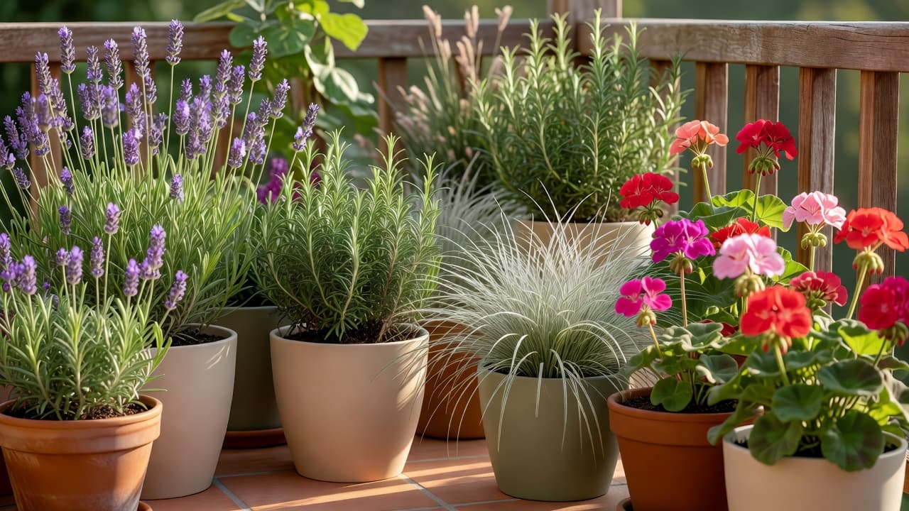 Un plan de plantation de balcon prenant vie : pots en terre cuite et fibre de verre de lavande, romarin, graminées et pélargoniums le long d’une balustrade de balcon ensoleillée en lumière chaude