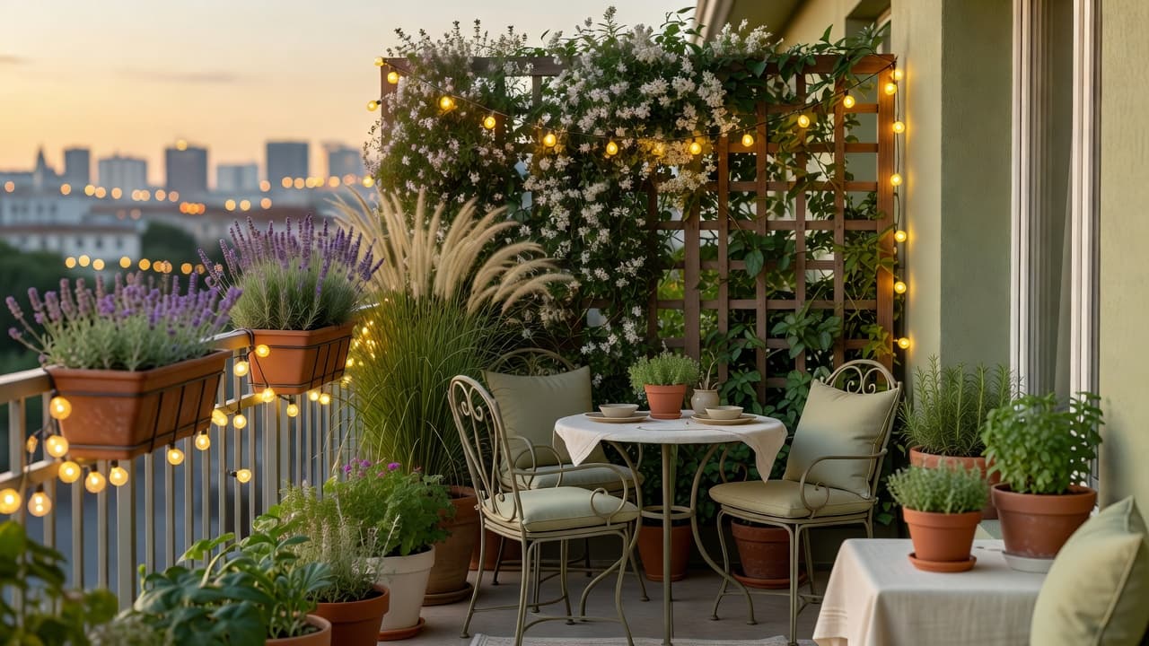 Un jardin de balcon fini conçu avec une application de design de balcon : jardinières de balustrade de lavande et graminées, petit salon bistrot, brise-vue en treillis et lumière douce au crépuscule