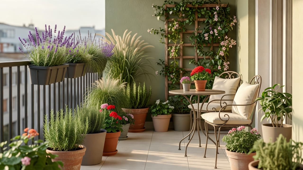 A balcony garden design app open on a phone held up against a real apartment balcony, the screen showing a photorealistic redesign of that same balcony with railing planters, a bistro set and layered container planting