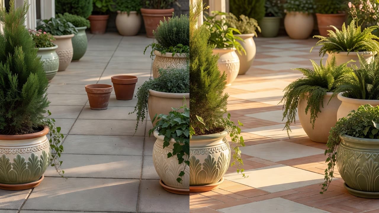 A bare paved patio with a few empty pots shown beside an AI container garden design app redesign of the same space with large glazed and fibreglass planters, layered structural and trailing planting, and a matching material palette