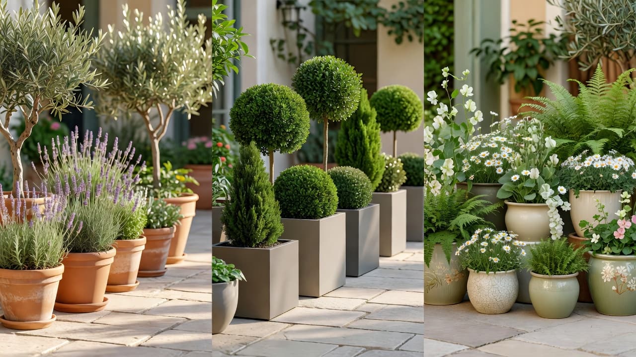 The same paved courtyard shown in three container garden styles by an AI container garden design app: terracotta Mediterranean pots, sleek grey fibreglass planters with clipped evergreens, and soft cottage-style planting in glazed ceramic pots