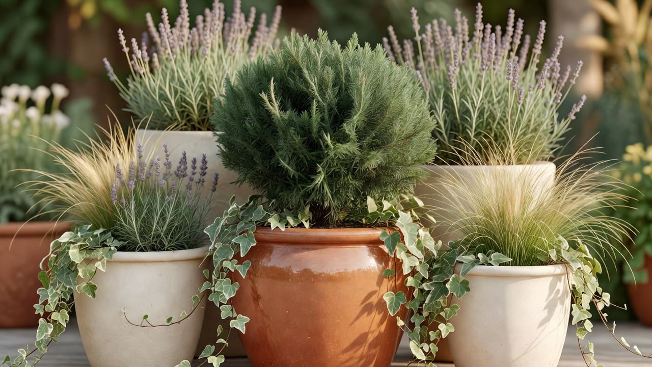 A container planting plan brought to life: a large glazed terracotta pot with a clipped evergreen shrub as the thriller, surrounded by fibreglass planters of lavender and ornamental grasses with trailing ivy spilling over the rims