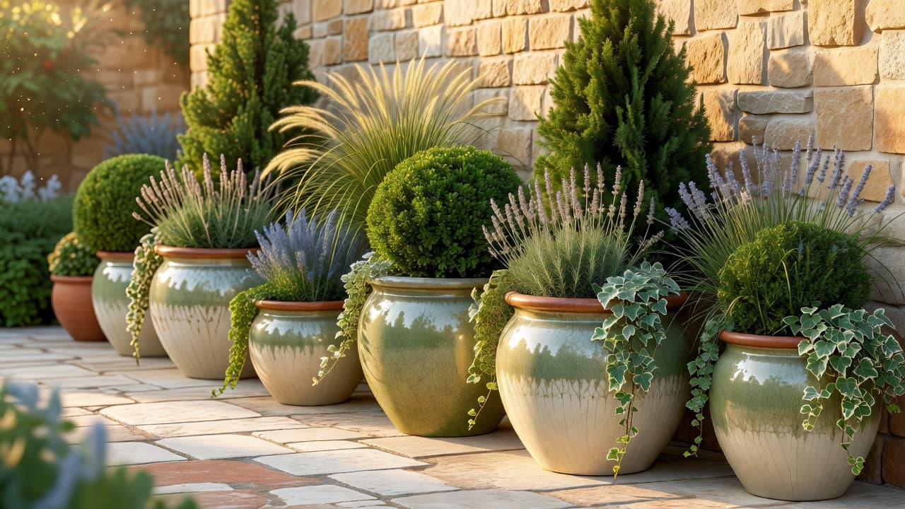A finished container garden designed with an AI container garden design app: large glazed planters, clipped evergreens, lavender and trailing ivy grouped on a sunlit paved patio