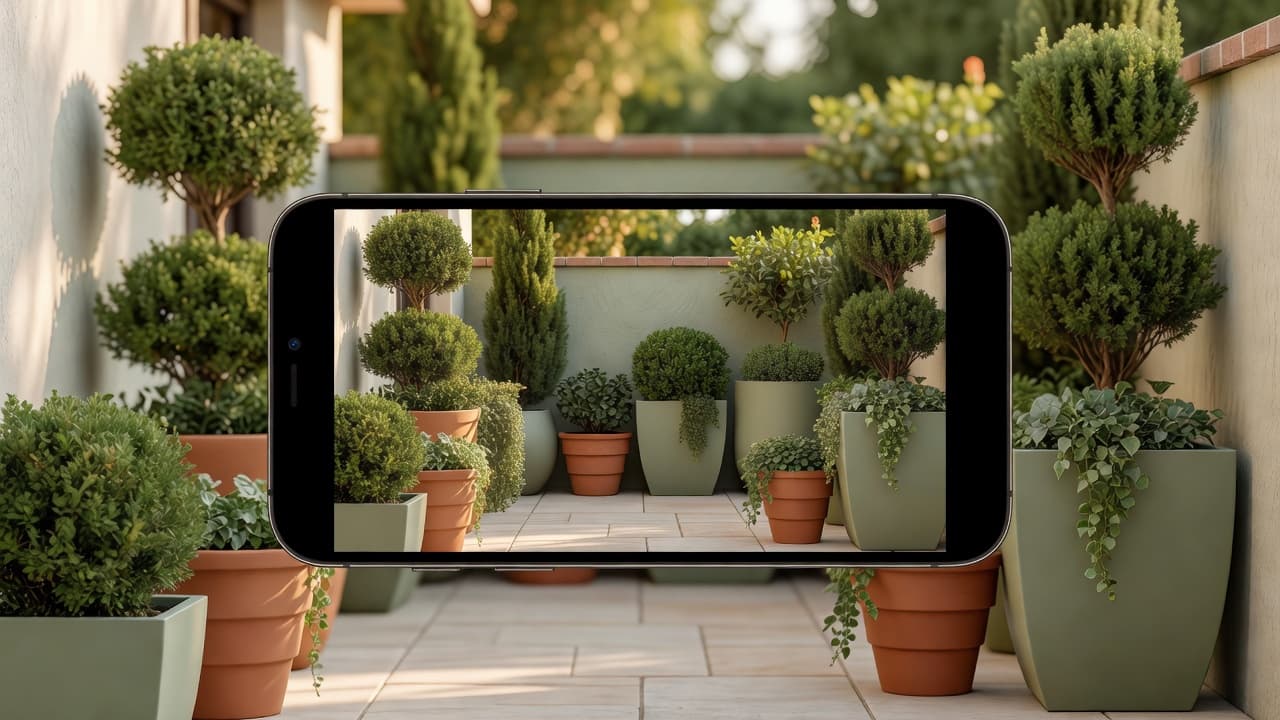 An AI container garden design app open on a phone held against a real patio, the screen showing a photorealistic redesign of the same space with large statement planters, layered pots and a mix of structural and trailing plants