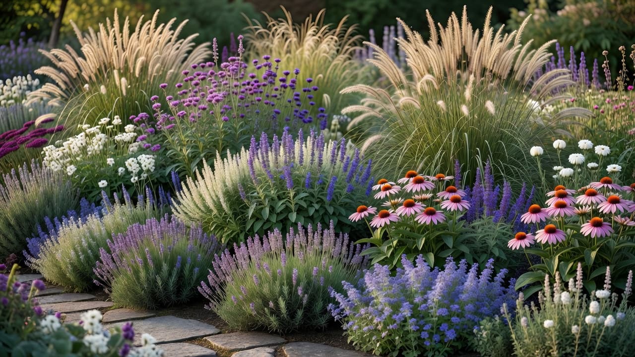 Ein mit KI gestaltetes, geschichtetes Staudenbeet: hohe Ziergräser und Verbene hinten, runder Salbei und Sonnenhut in der Mitte, niedriger Lavendel und Katzenminze über der Vorderkante