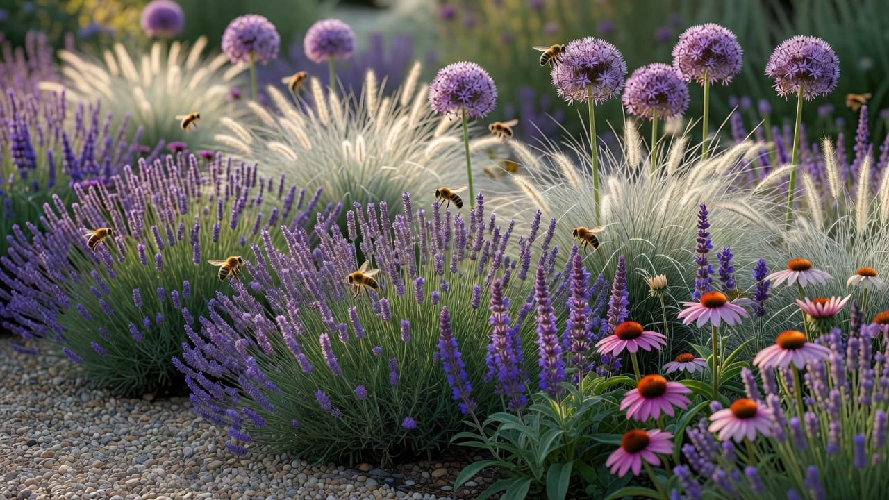 Eine mit KI gestaltete Beet-Pflanzpalette 2026: Drifts aus englischem Lavendel, violettem Salbei, Sonnenhut, Ziergräsern und Alliums mit Bienen im warmen Nachmittagslicht