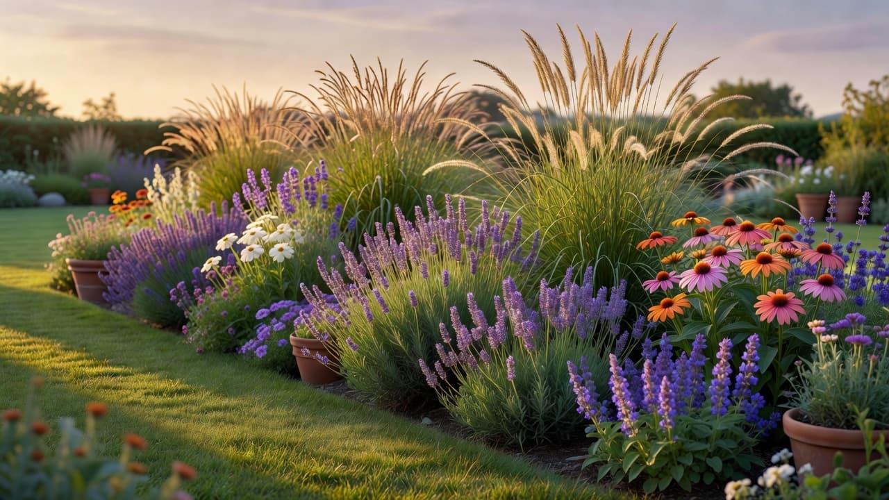 Ein fertiges, zuerst mit KI gestaltetes Blumenbeet: ein geschichtetes, naturalistisches Staudenbeet aus Gräsern, Lavendel, Salbei und Sonnenhut in voller Blüte am Rasenrand in der Abendsonne