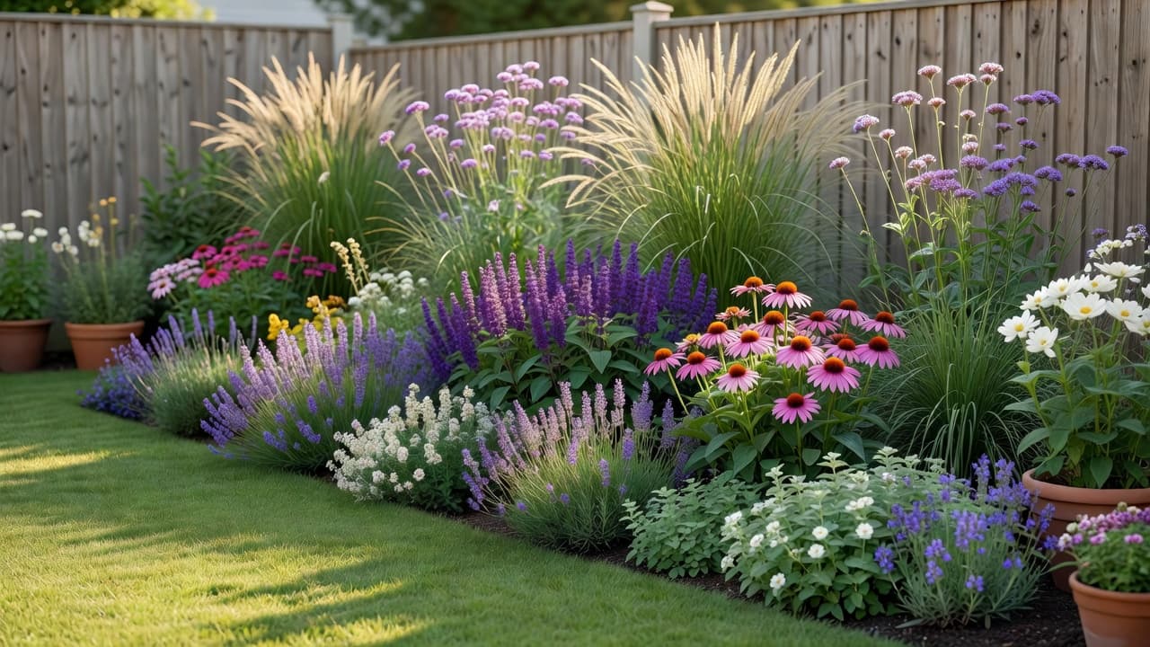 An AI flower bed design shown as a photorealistic layered perennial border mapped onto a real garden bed in warm daylight