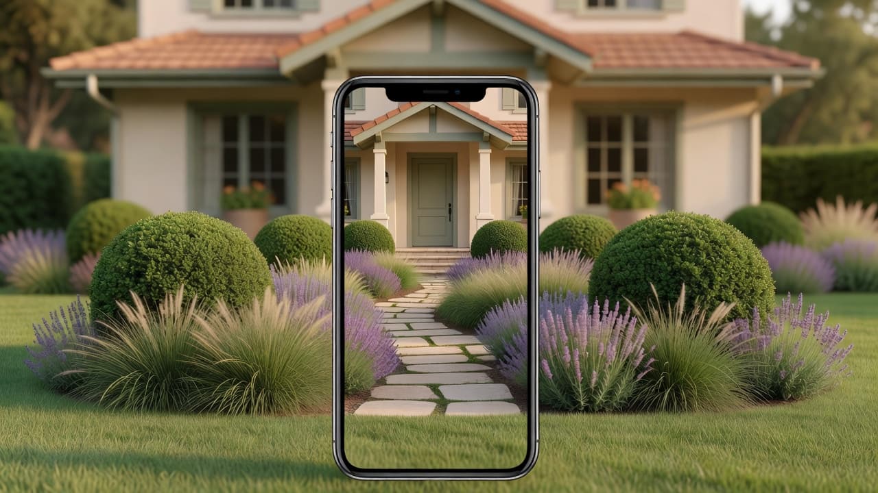 Close-up of an AI front yard design tool showing a photorealistic curb-appeal redesign of a suburban home entrance with layered planting and a stone path