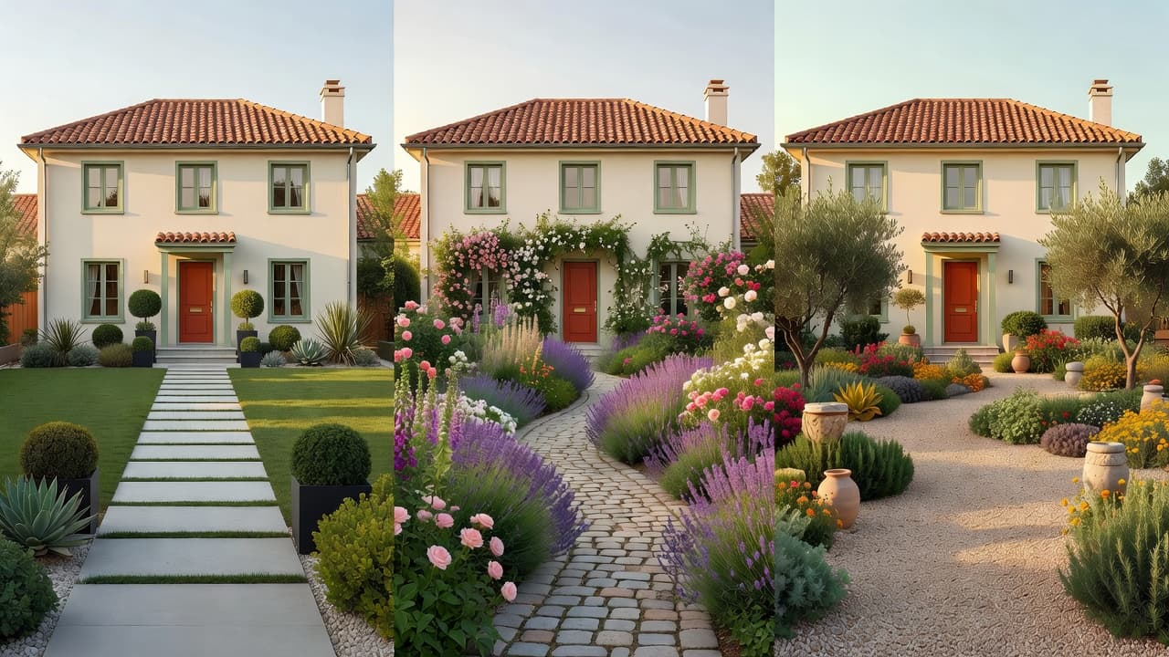 The same house front shown in three styles by an AI front yard design tool: modern minimalist, cottage planting and Mediterranean gravel garden