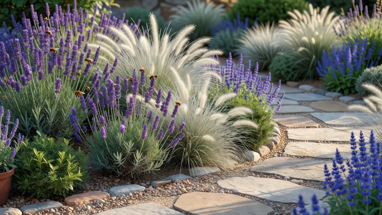 An AI front yard design planting plan brought to life: a drought-tolerant front border of lavender, ornamental grasses and salvia along a stone path in warm daylight
