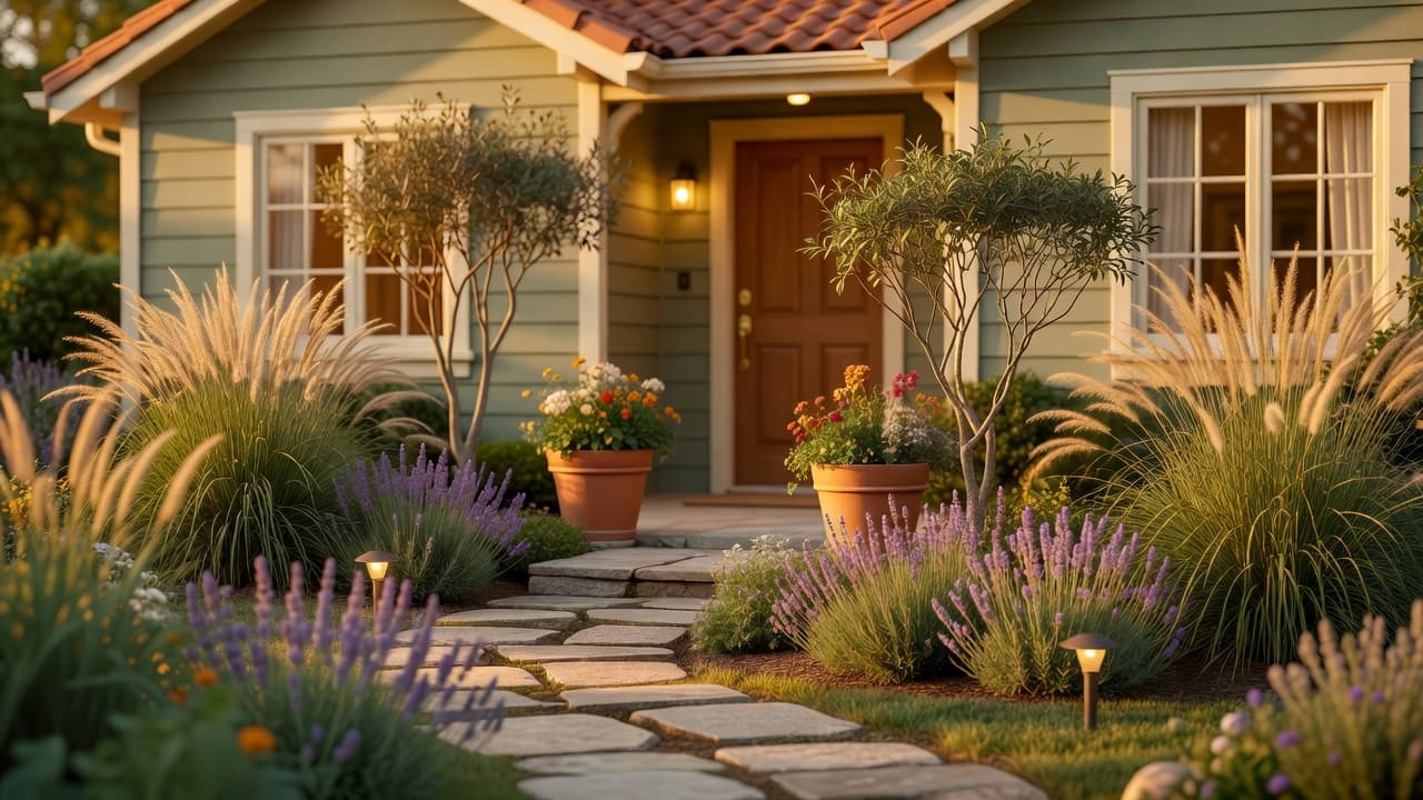 A finished front yard designed with an AI front yard design tool: a welcoming stone path, layered planting and a softly lit entrance in warm evening light