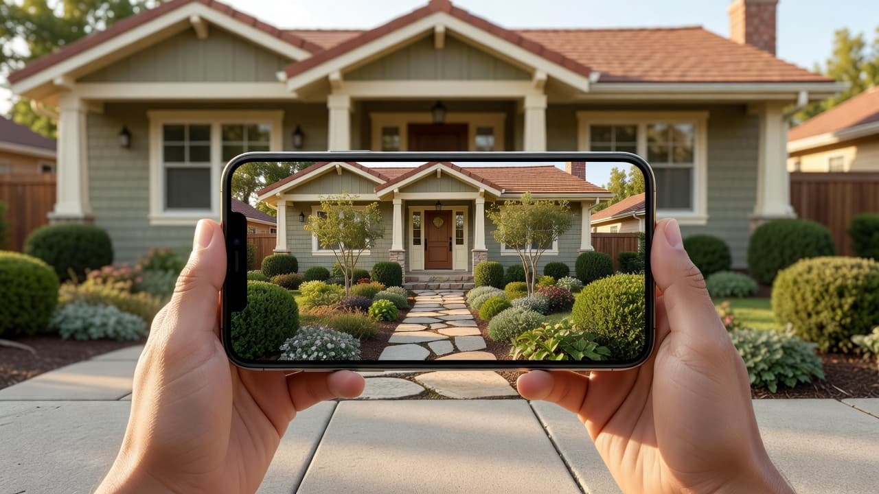 An AI front yard design tool open on a phone held in front of a real house, the screen showing a photorealistic redesign of that front yard with new planting and a stone path