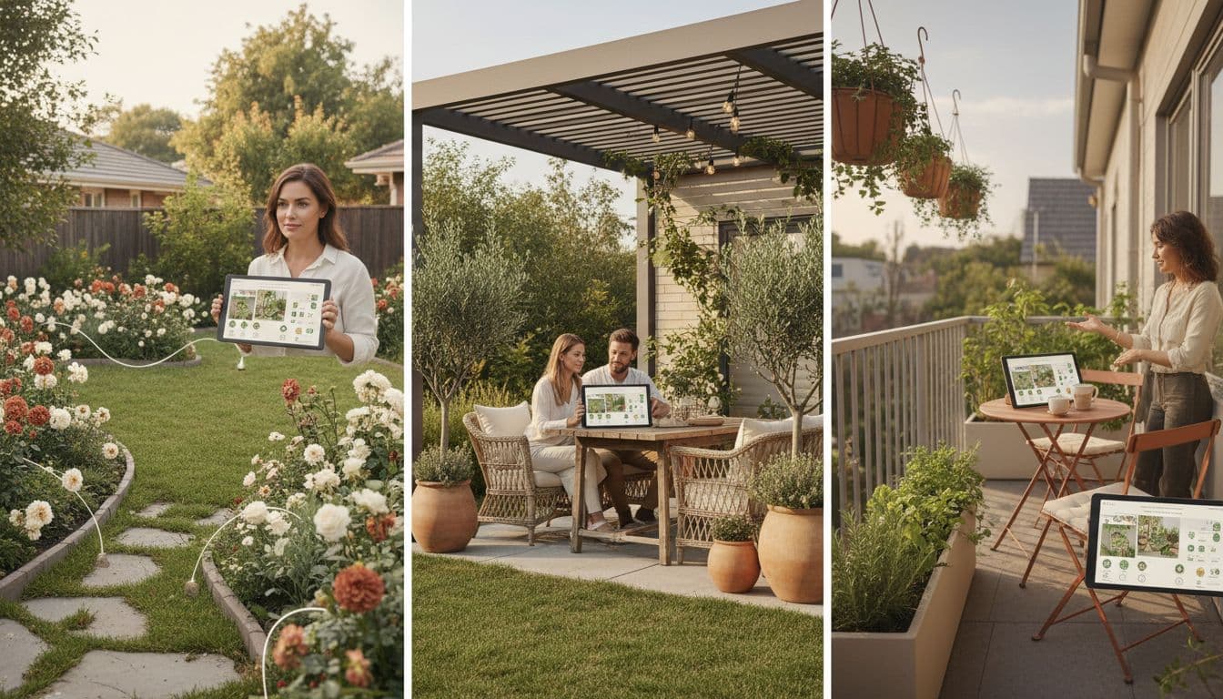 KI Gartendesign App gestaltet Hinterhof, Terrasse und Balkon auf Fotos um