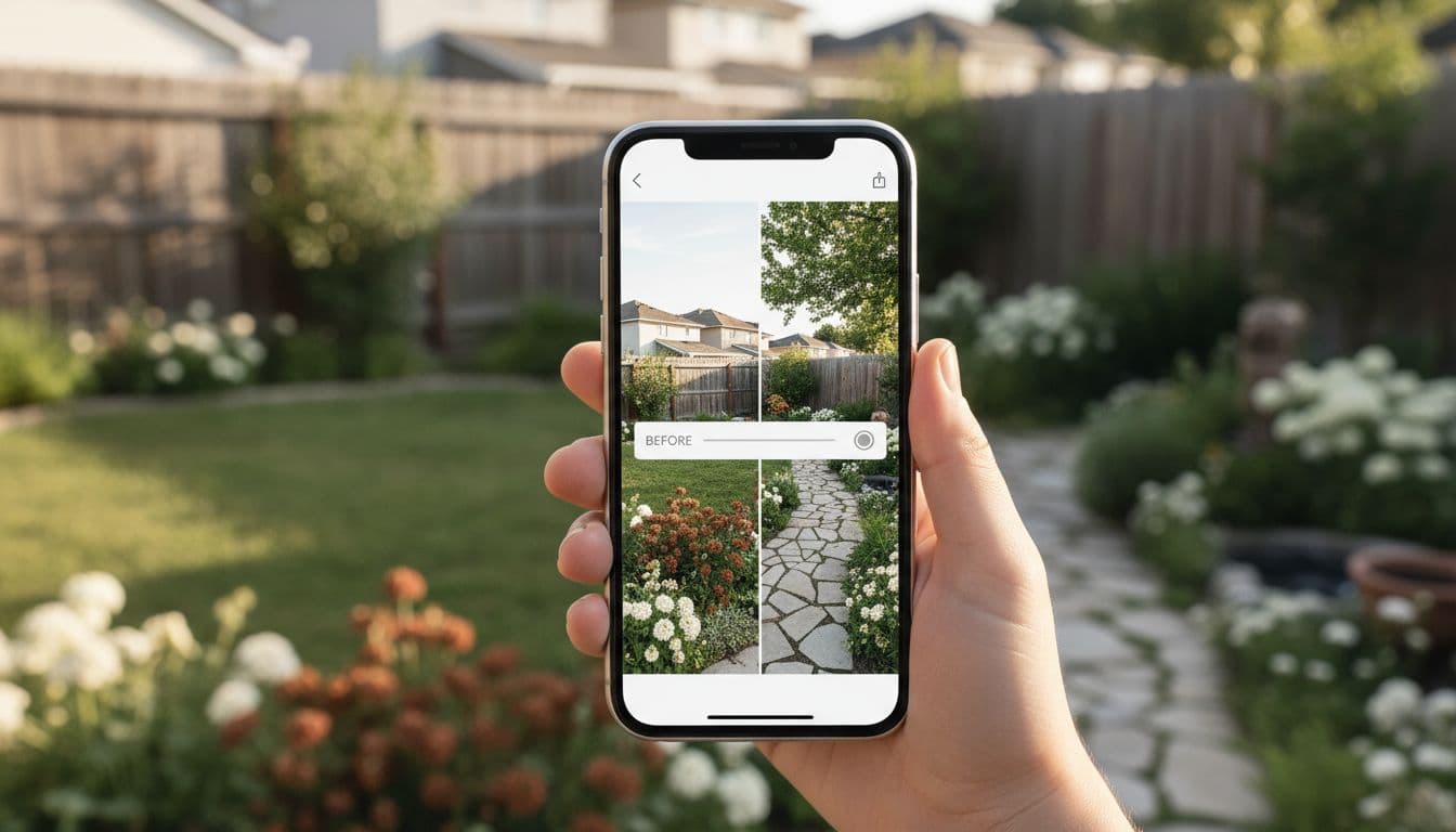 AI garden design app on a phone showing before and after of a backyard redesign