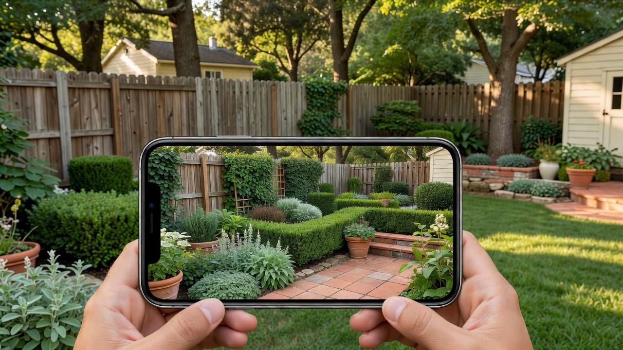 A phone showing a photorealistic garden redesign that clearly matches the real backyard visible behind it, fence and trees kept in place