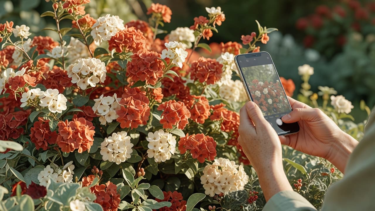 A hand holding a phone using an AI plant scanning feature on a real flowering shrub in a garden