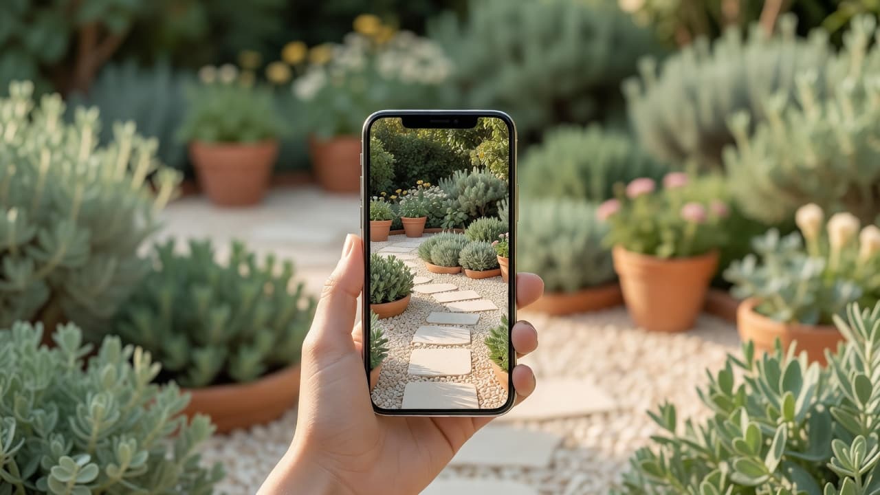 A phone showing a photorealistic AI garden design redesign held up against the real garden it was generated from