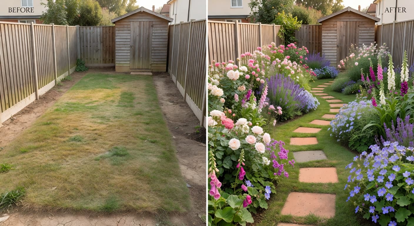AI garden design before and after of a small backyard, lawn replaced with cottage garden borders