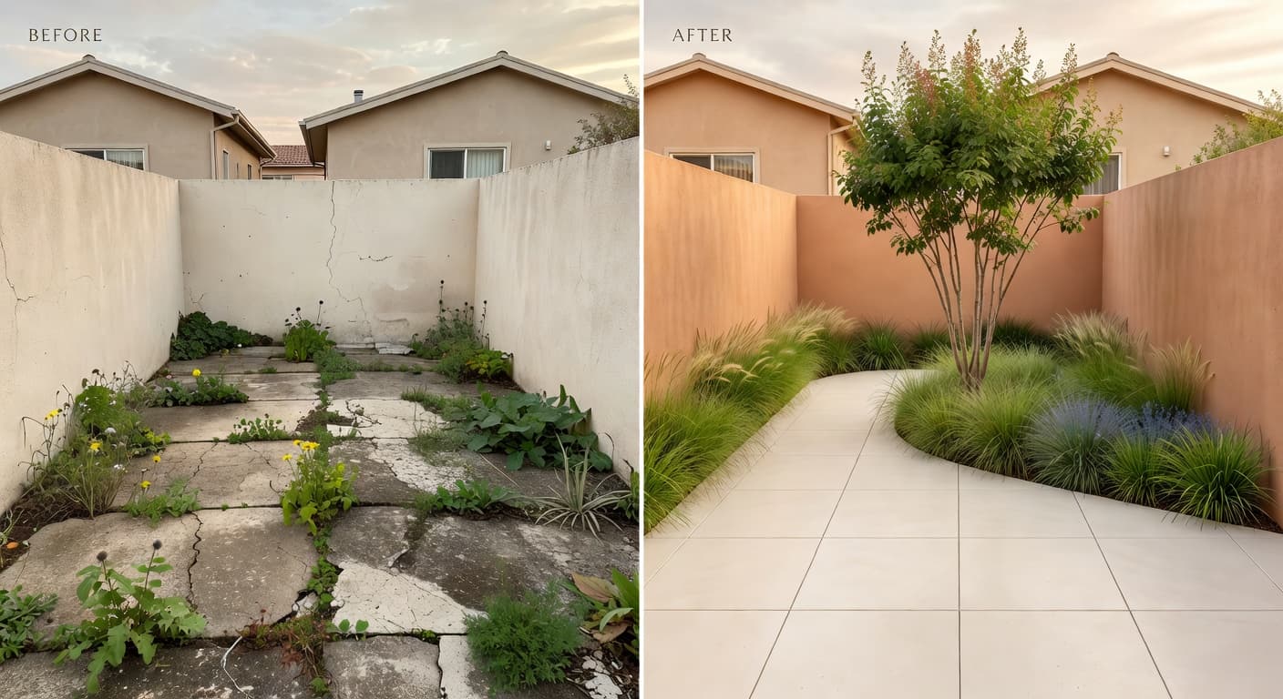 AI garden design before and after of a concrete backyard transformed into a modern minimalist garden
