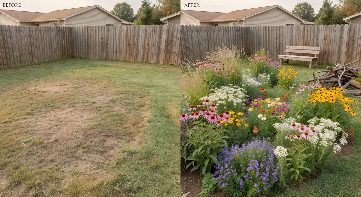 AI garden design before and after of a bare backyard turned into a pollinator-friendly garden with native plants