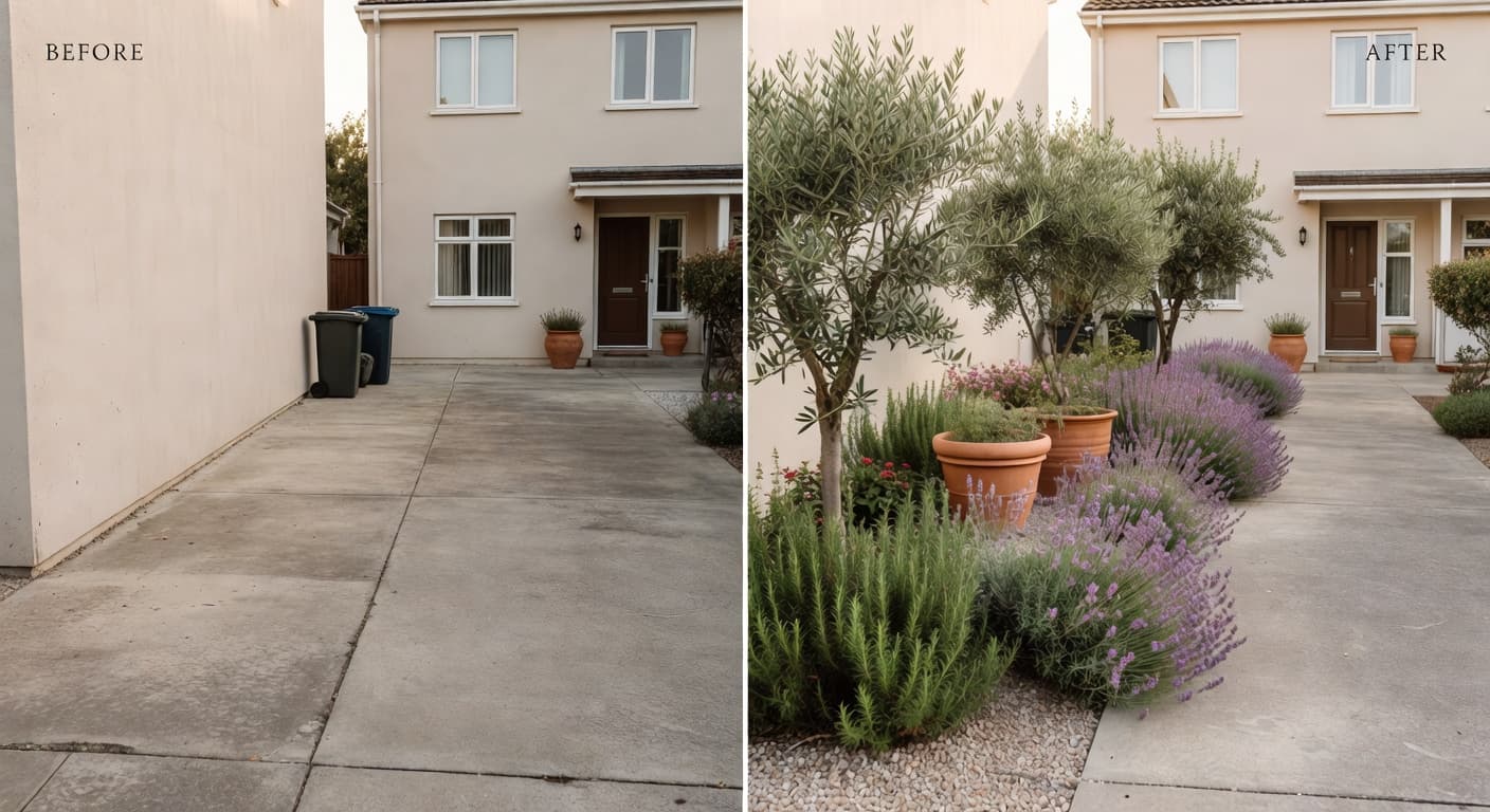 AI garden design before and after of a concrete front yard becoming a Mediterranean curb appeal garden