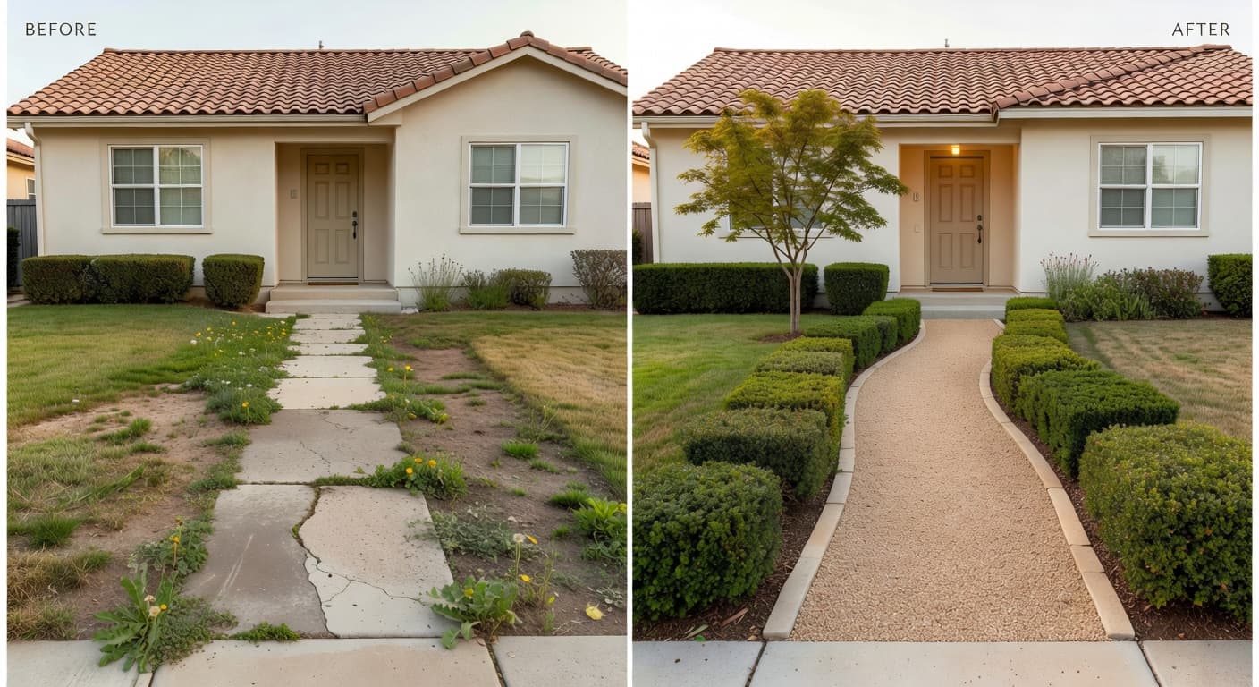 AI garden design before and after of a patchy front lawn redesigned as a modern minimalist front yard