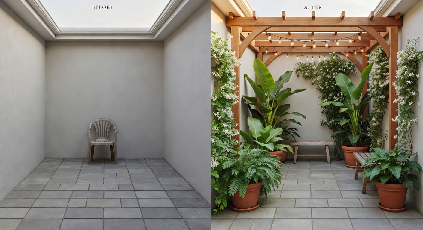 AI garden design before and after of a bare patio redesigned as a tropical retreat with banana and fatsia