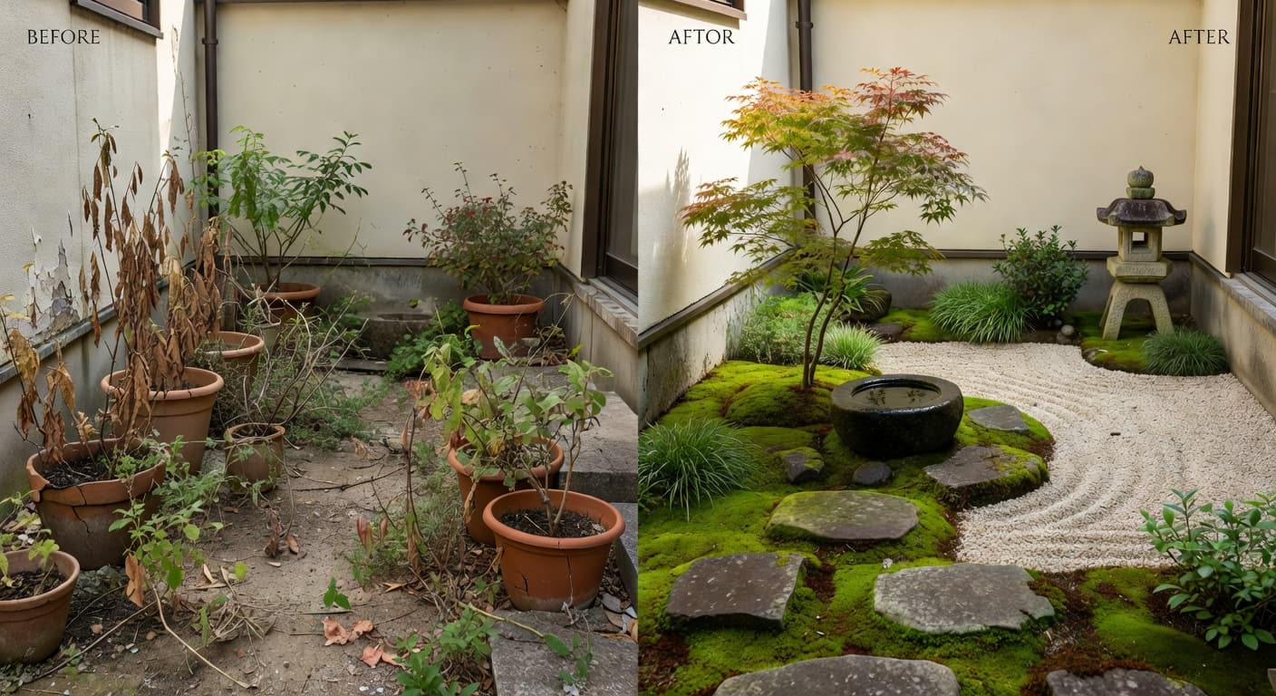 AI garden design before and after of a tired patio corner transformed into a Japanese-inspired moss and stone retreat
