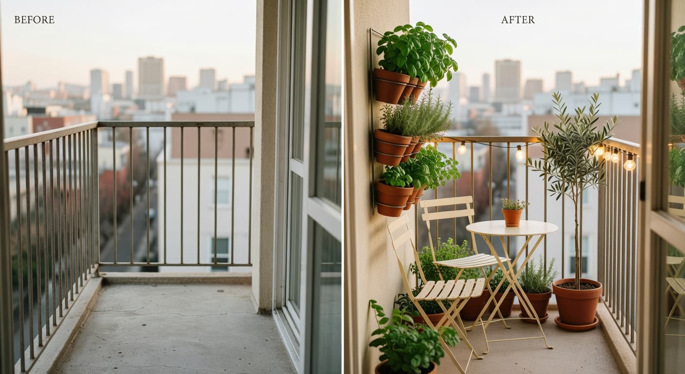 AI garden design before and after of an empty apartment balcony turned into a small herb and seating garden