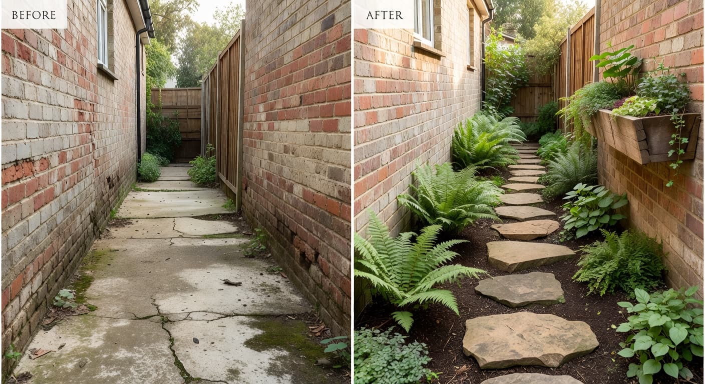 AI garden design before and after of a narrow side return redesigned with stepping stones, ferns and woodland planting