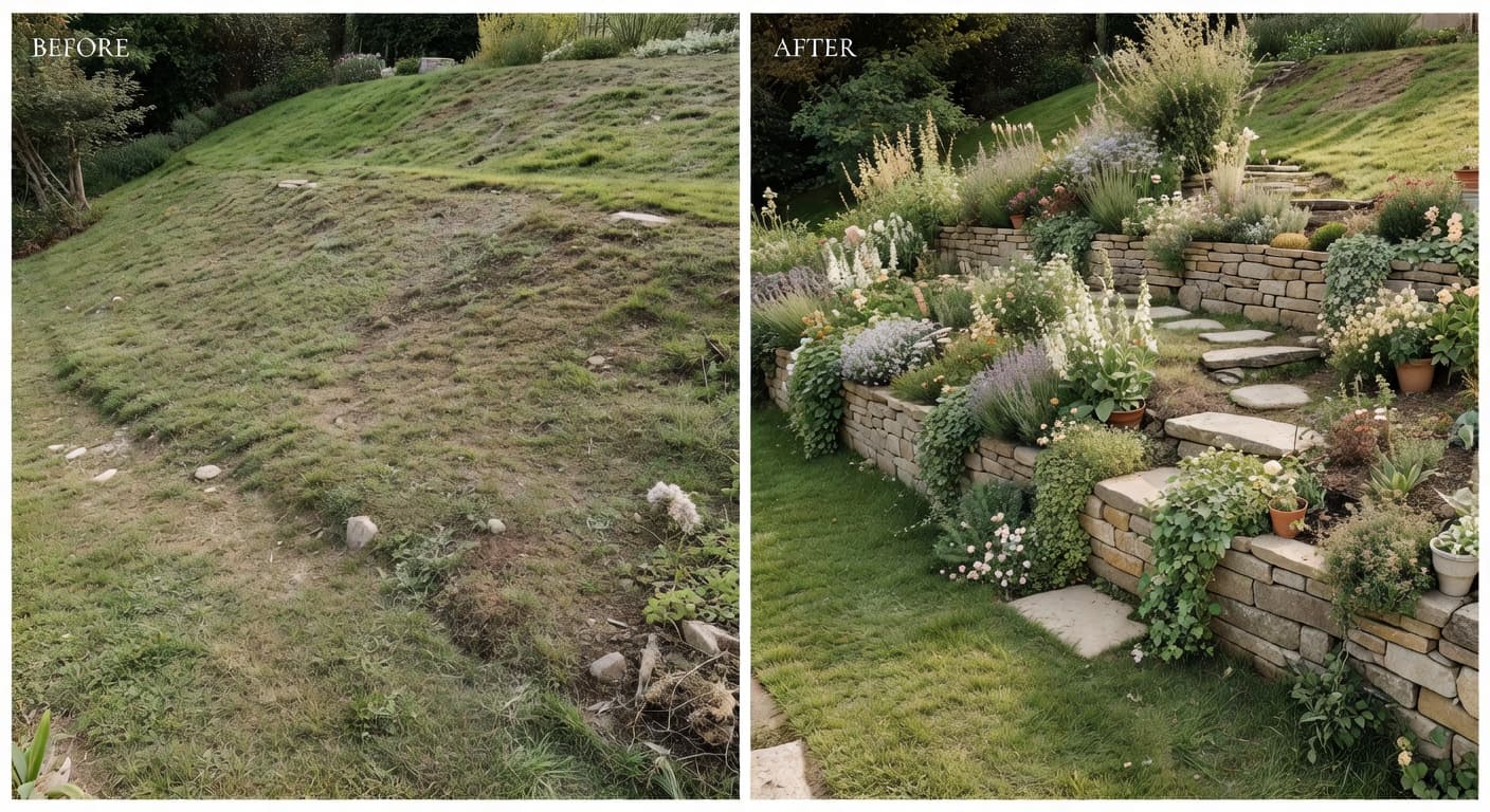 AI garden design before and after of a steep sloped garden redesigned as a tiered cottage garden with low retaining walls