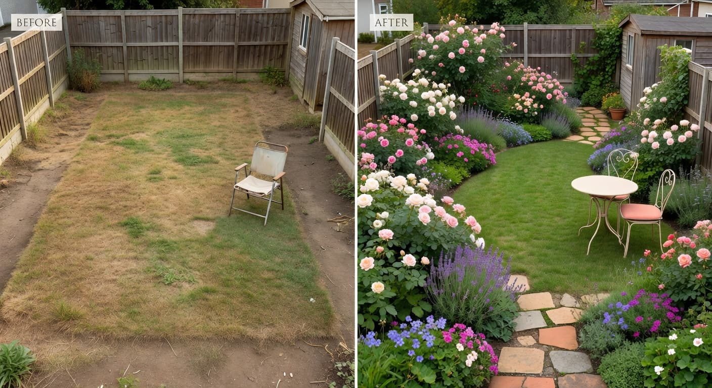 AI garden design before and after: a small backyard redesigned from a single photo