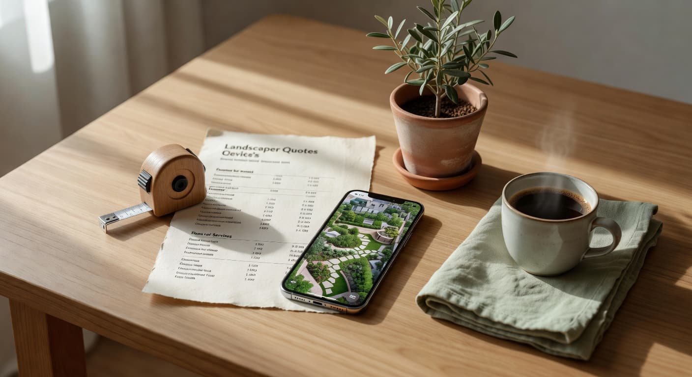 Calm flat lay showing a smartphone with an AI garden design redesign next to a printed quote, a tape measure and a small olive plant