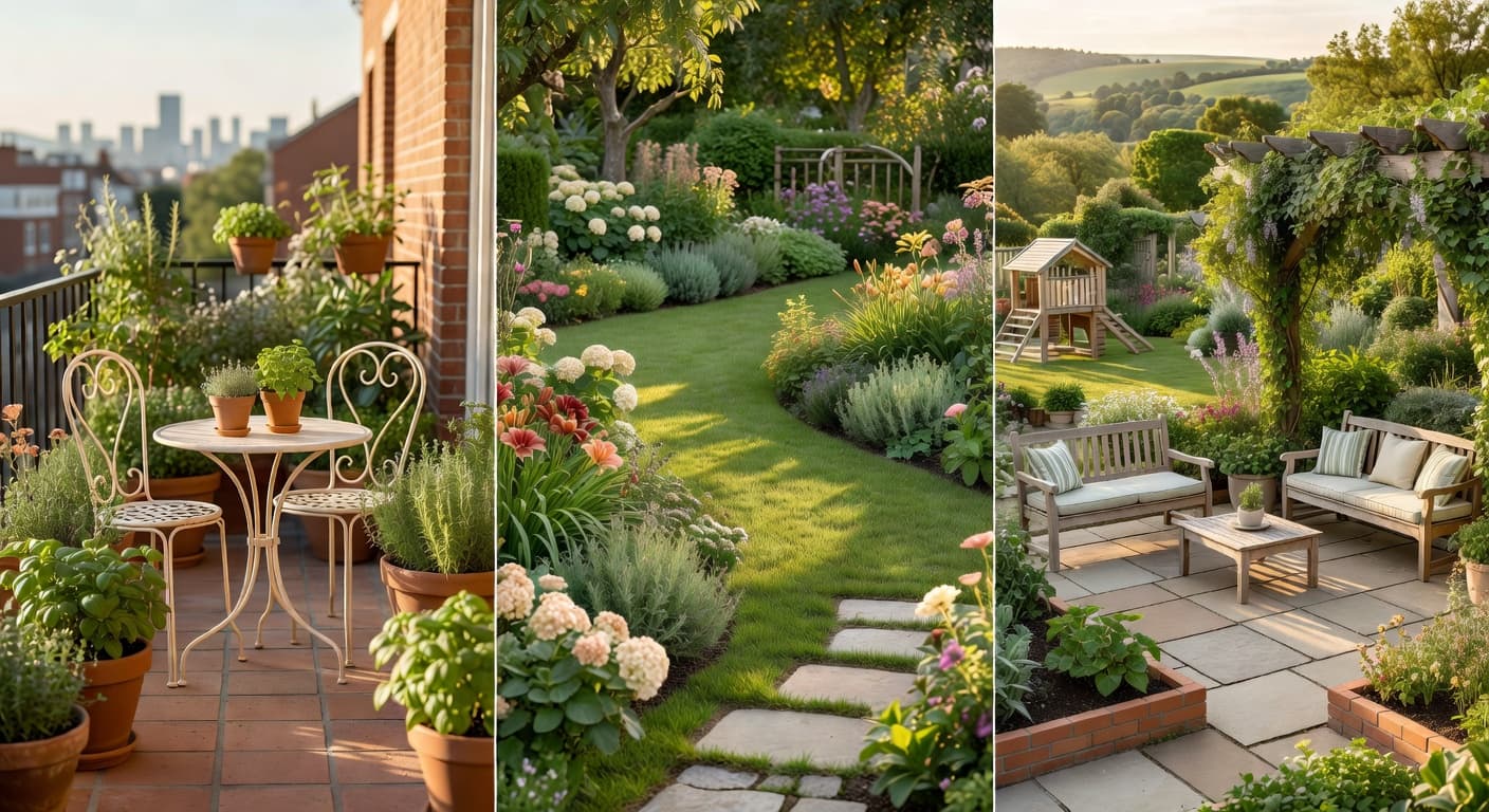 Three calm garden redesigns side by side at different sizes — a small balcony, a medium backyard and a large family garden