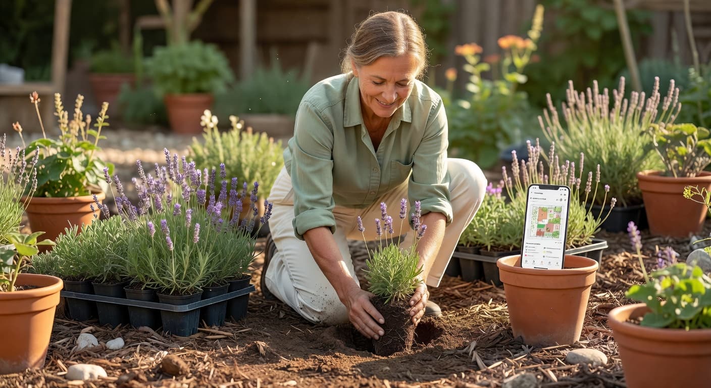 A gardener kneeling in a sunny border, planting small lavender plants from a tray, with a phone showing the AI garden design plan beside them