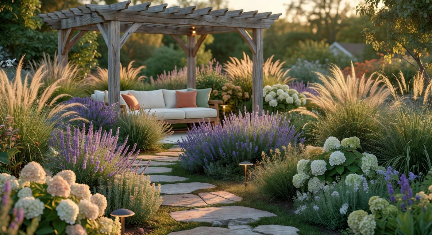 Calm suburban garden redesign with new planting and stone path, illustrating typical 2026 garden redesign costs