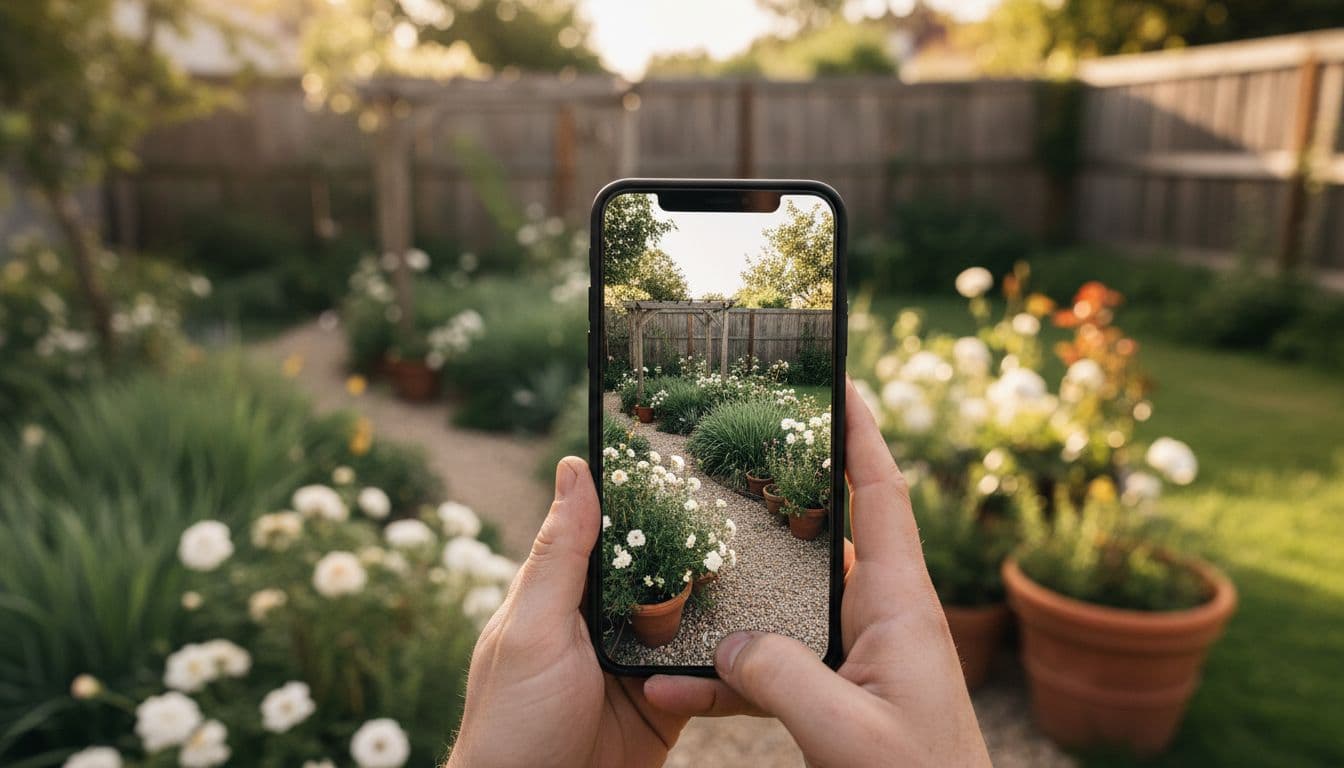 少しくたびれた裏庭の写真と、AIガーデンデザインで仕上げた同じ場所をスマホ画面で並べて表示