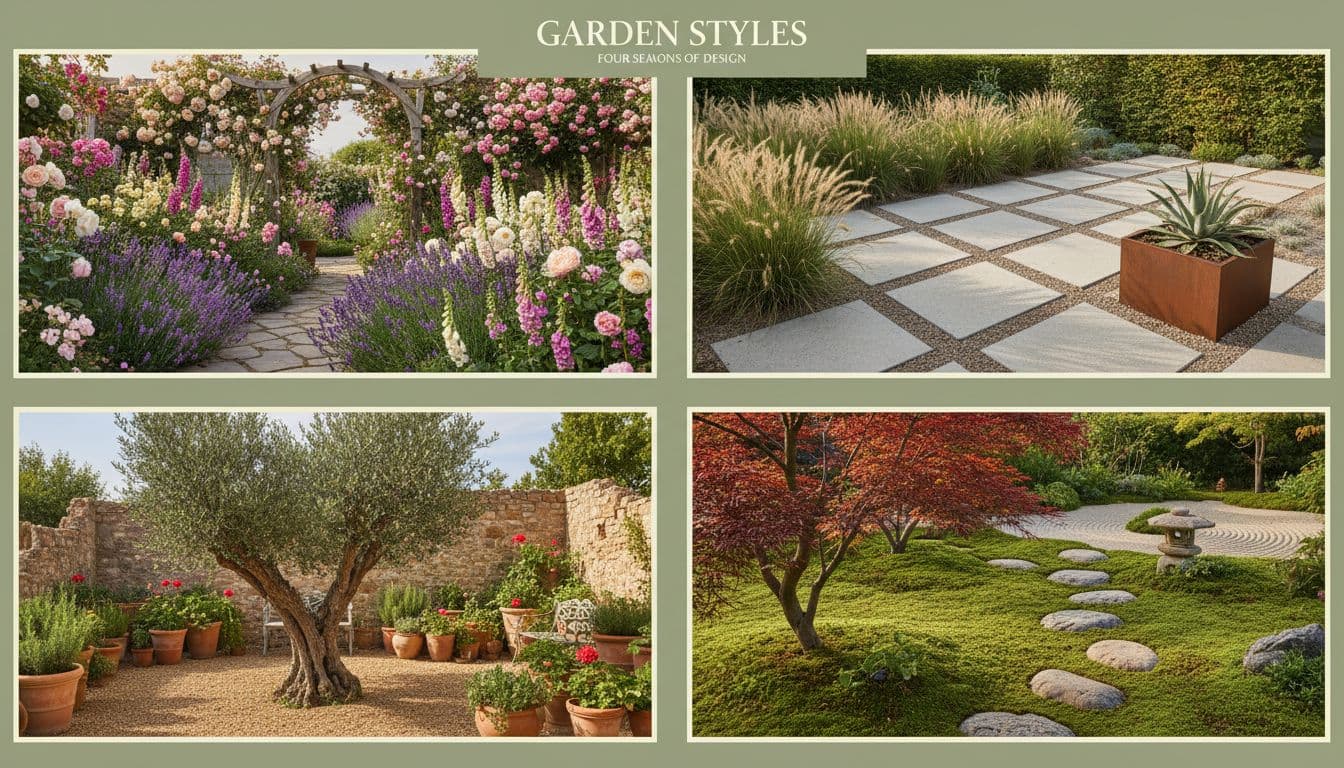 Four AI garden design styles: cottage, Mediterranean, Japanese and modern