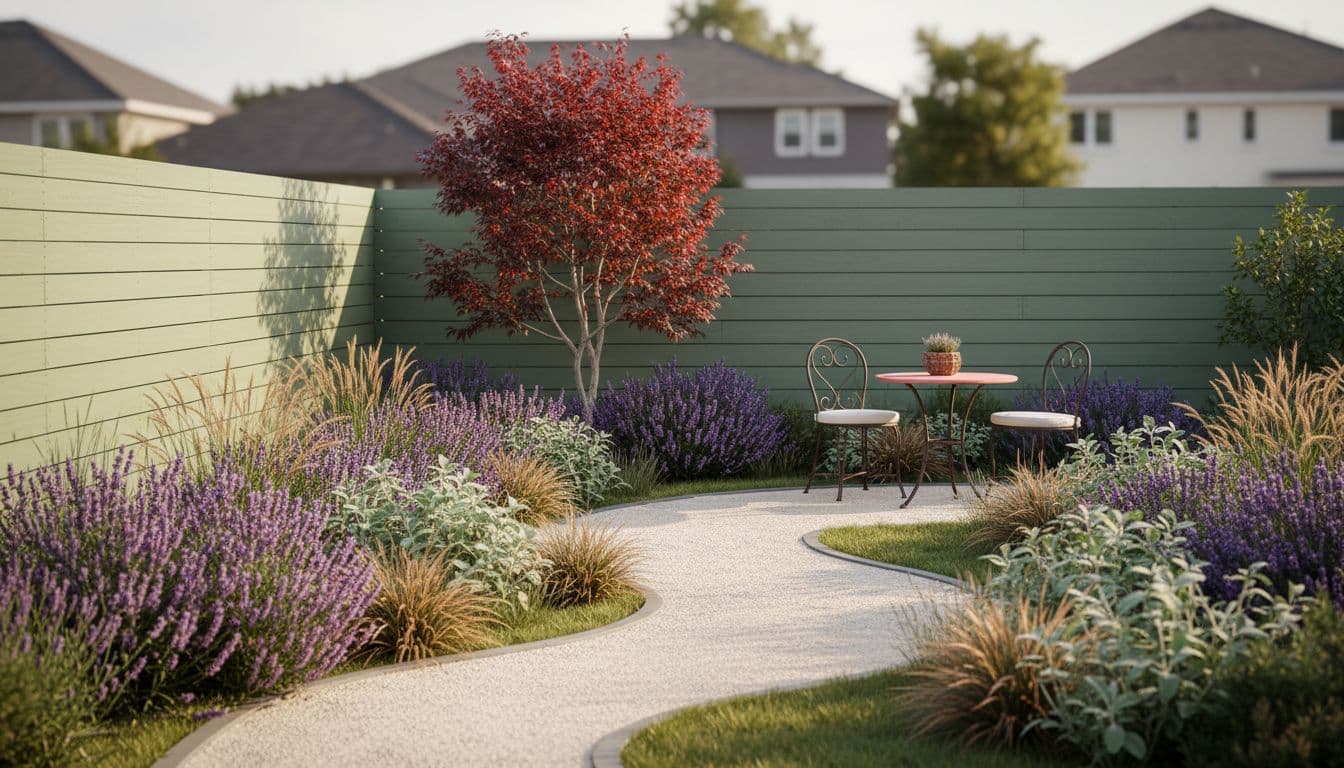 AIガーデンデザインの小さな裏庭:曲線の小道と段差のある植栽