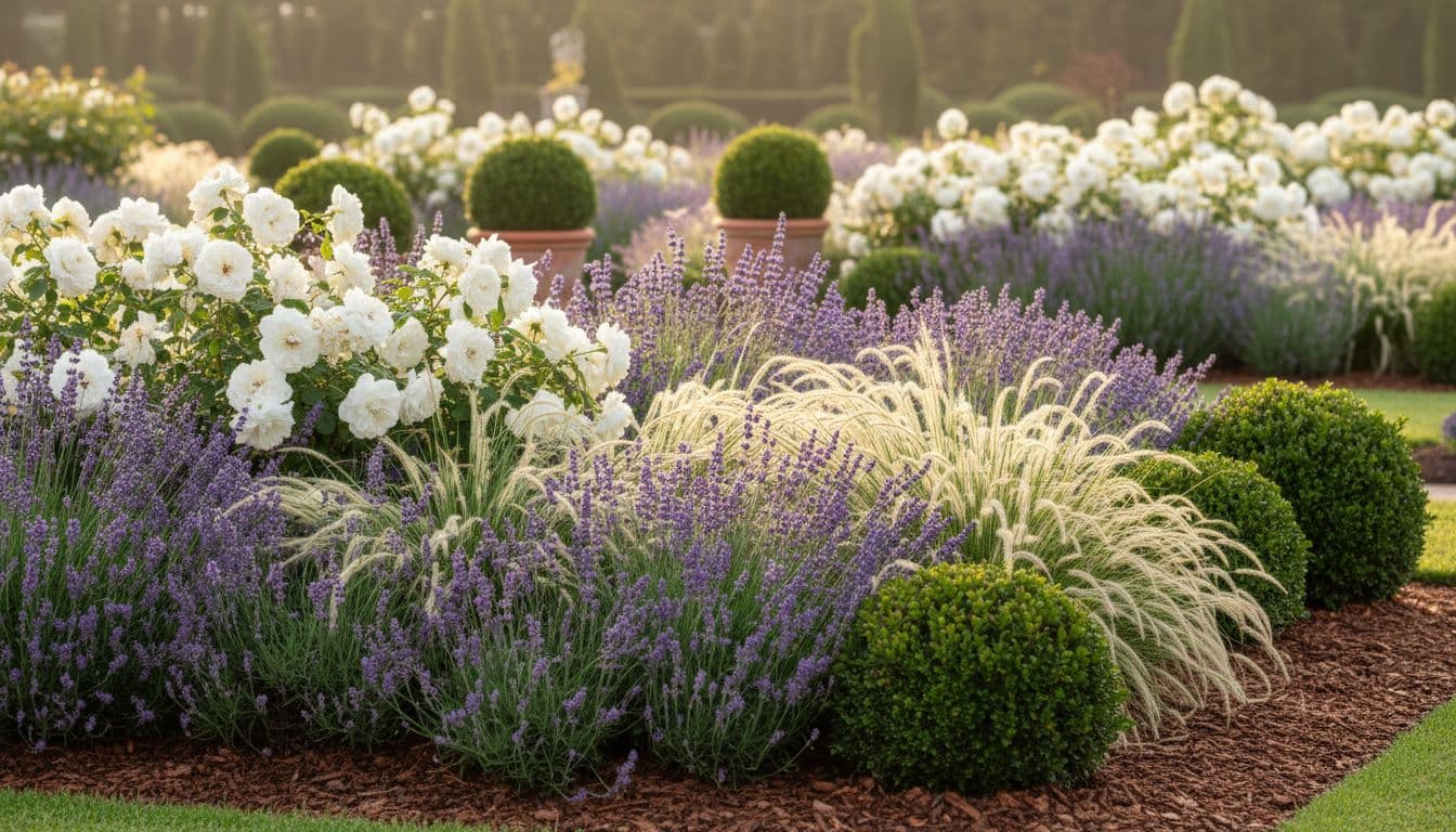 段差のあるAIガーデンデザインの植栽。ラベンダー、グラス類、バラの組み合わせ