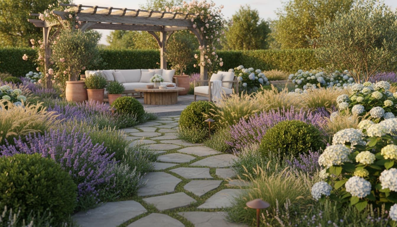 AI garden design redesign of a backyard with new planting and stone path