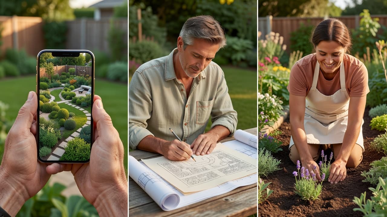 Three ways to plan a garden side by side: a phone showing an AI garden design, a designer sketching by hand, and a gardener planting themselves