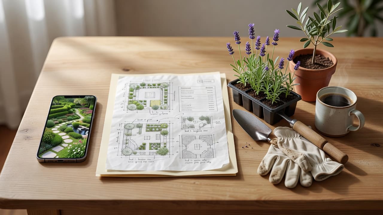 A smartphone showing an AI garden design next to a folder of landscape designer drawings and a tray of plants ready for DIY planting